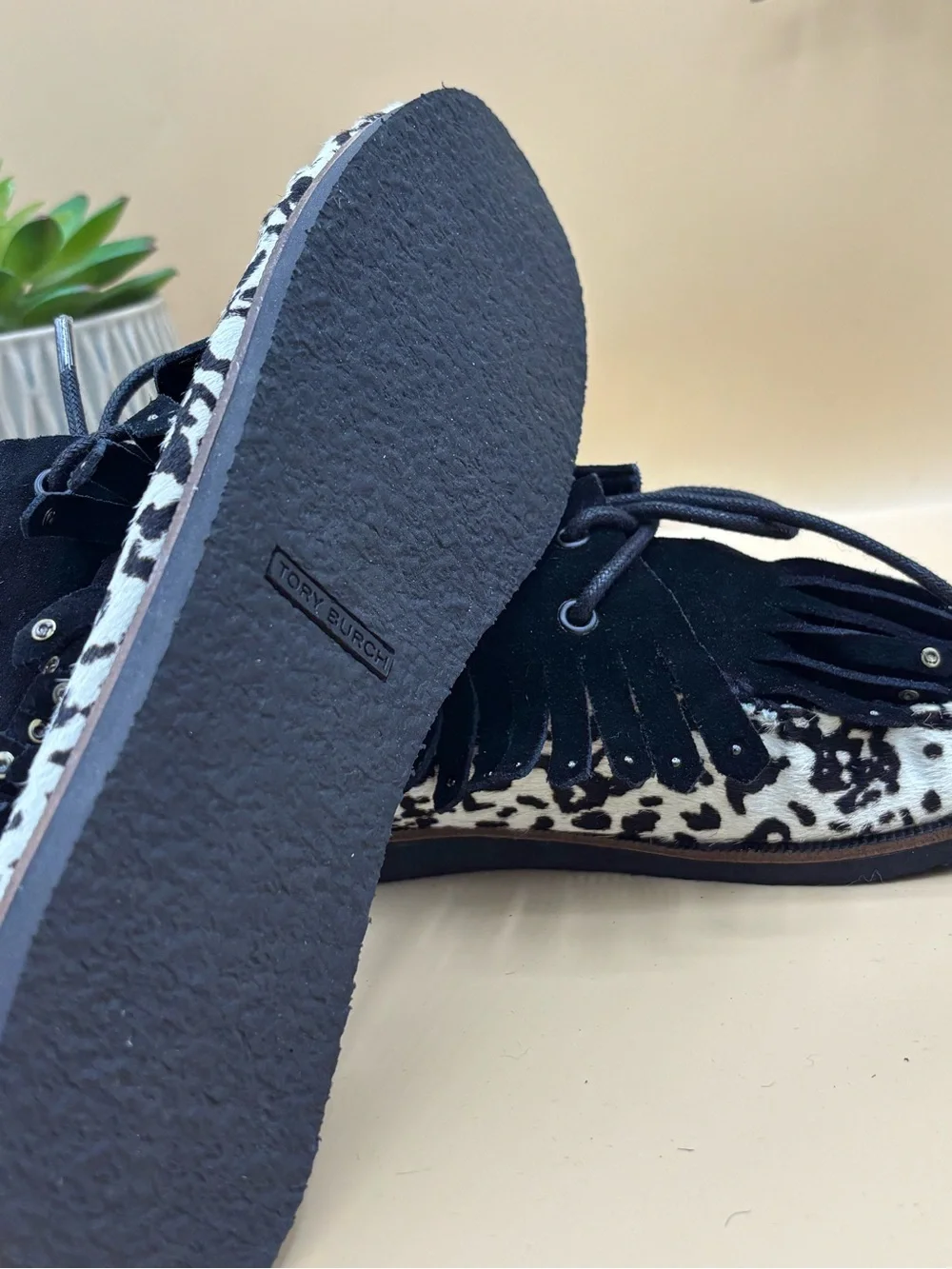 Tory Burch Fringe Studded Cow Print Moccasins